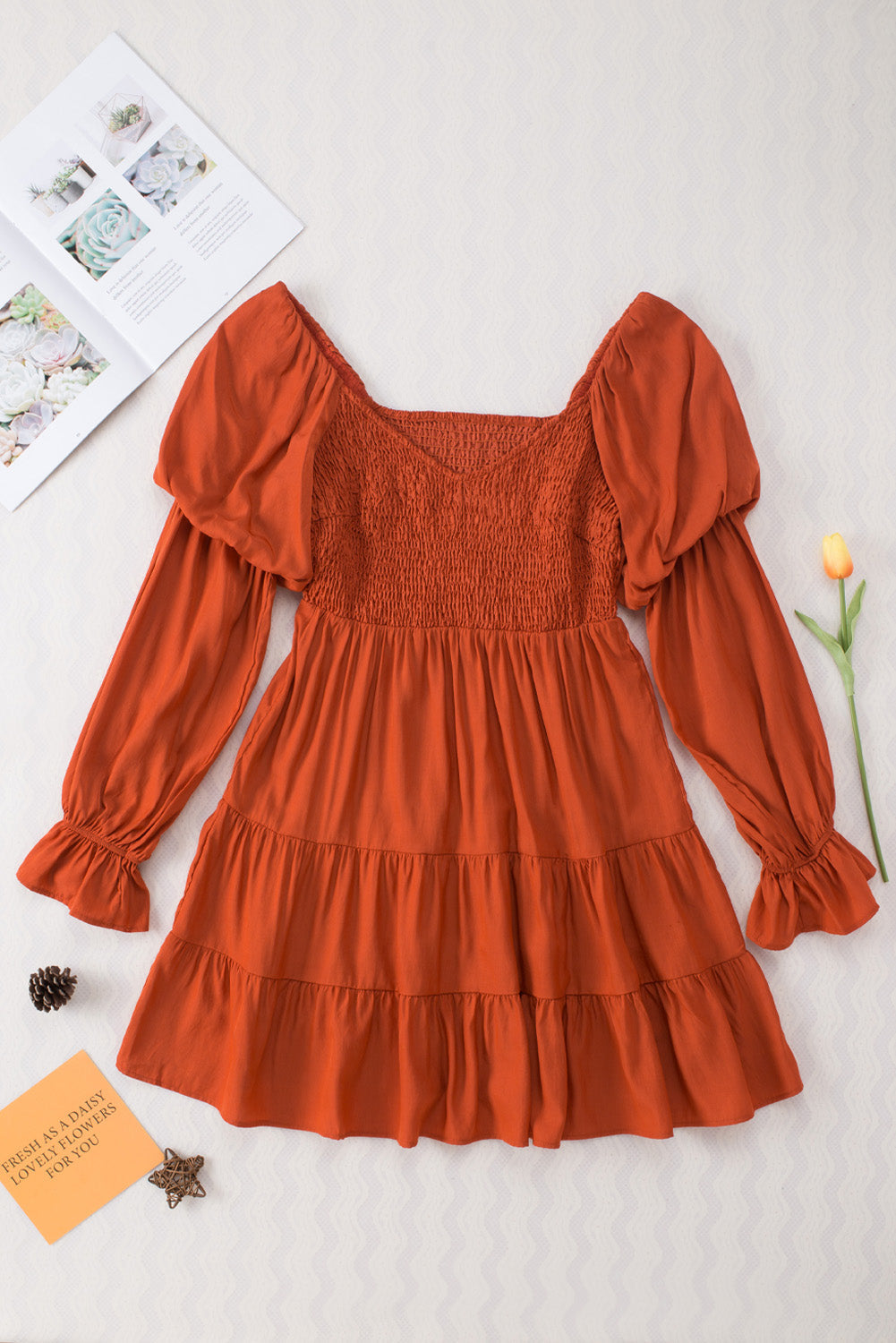 Women's Mini Dress Featuring Ruffle-Trimmed Brown Bohemian