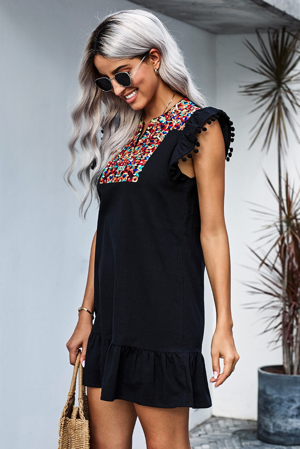 Dress for Women Black Print Pompom Sleeve Shift Bohemian