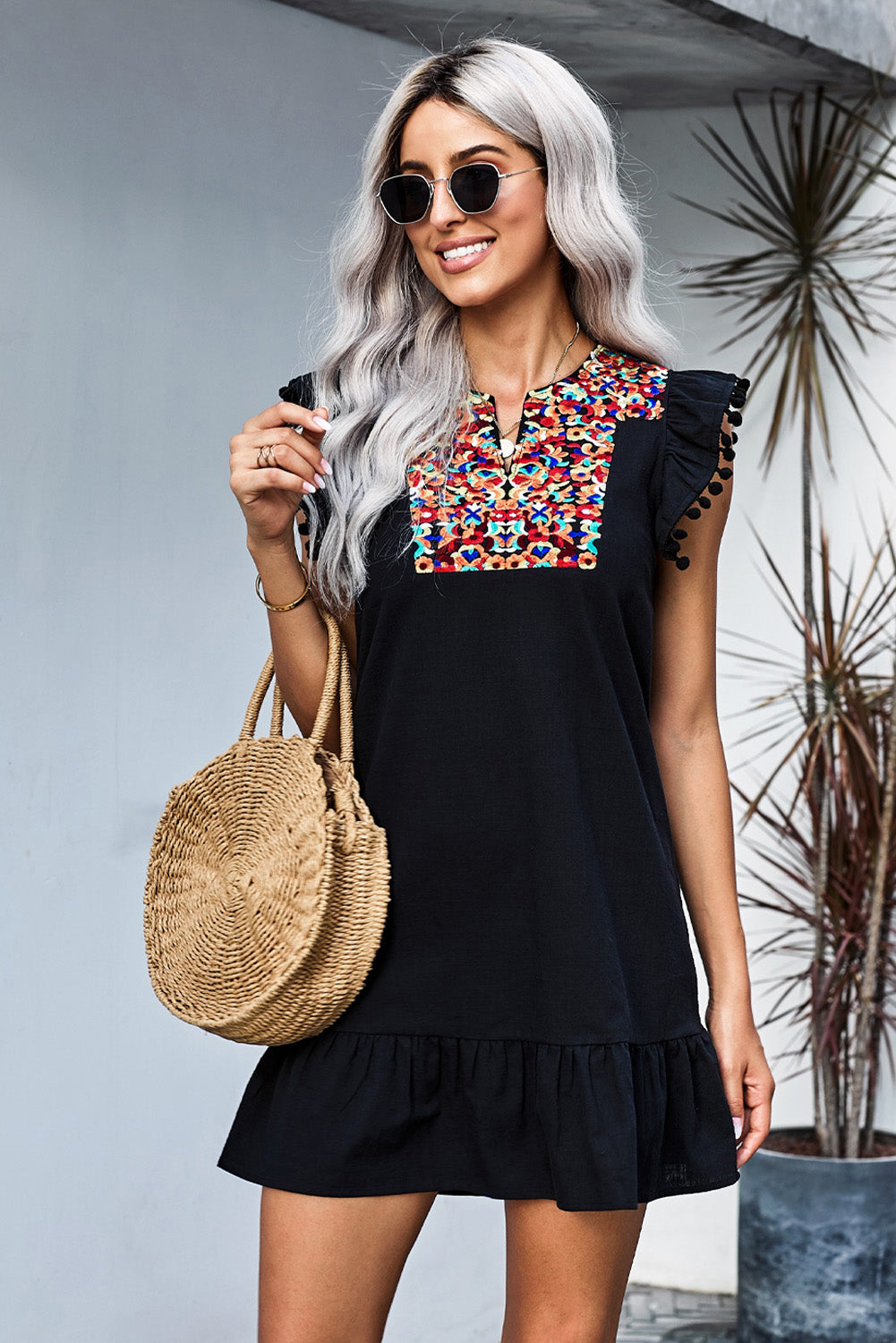 Dress for Women Black Print Pompom Sleeve Shift Bohemian