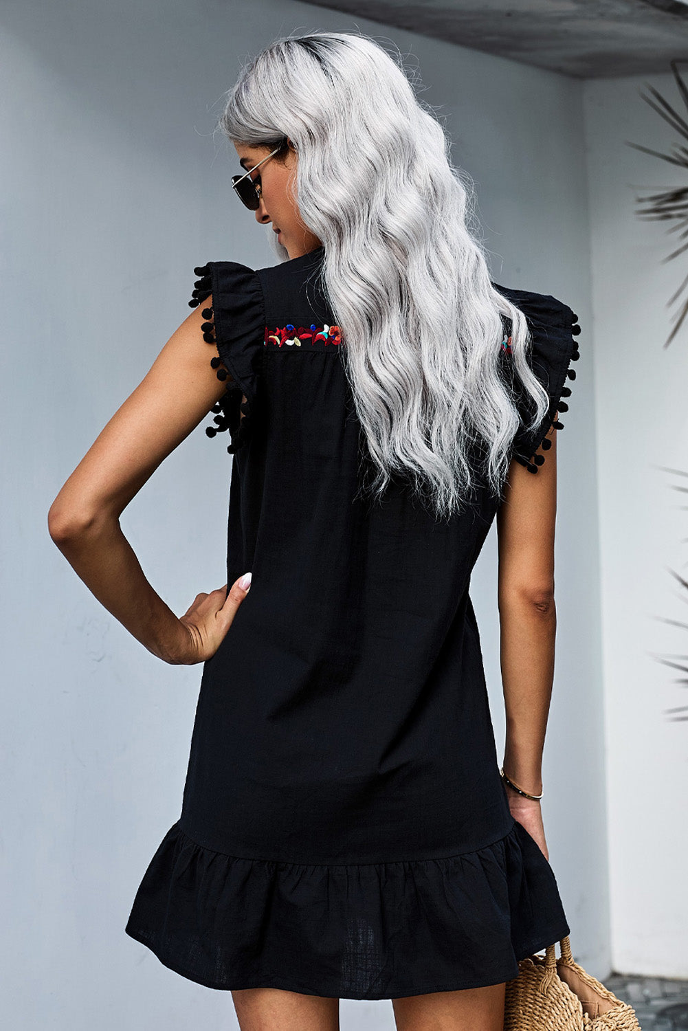 Dress for Women Black Print Pompom Sleeve Shift Bohemian