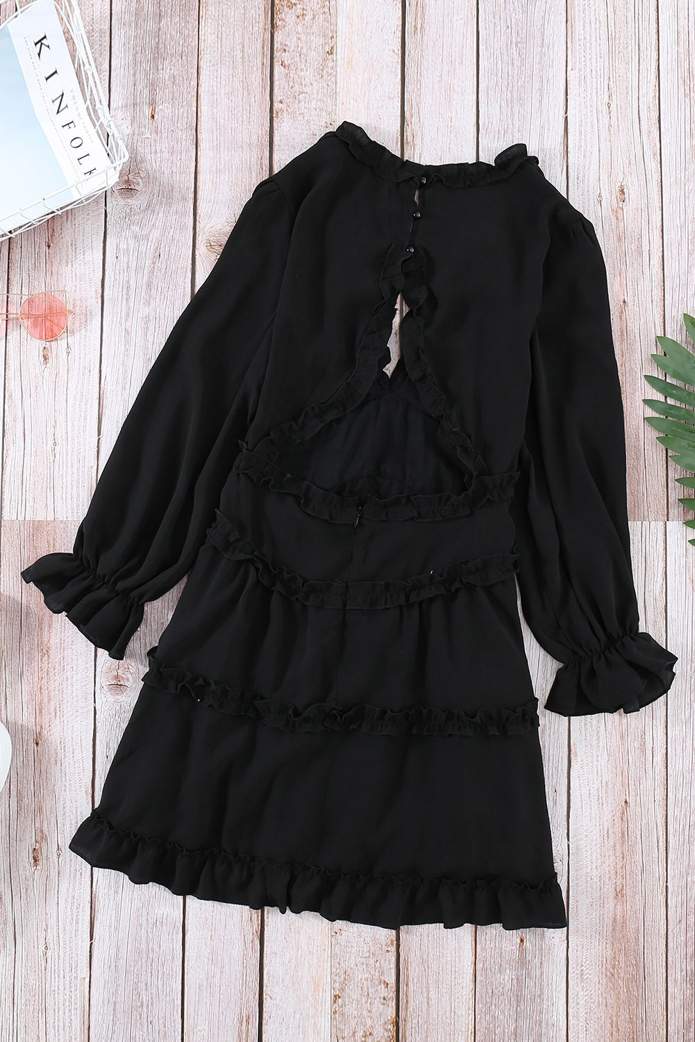 Dress for Women Ruffle-Trimmed Detailing Long-Sleeve Open-Back Black V Neck
