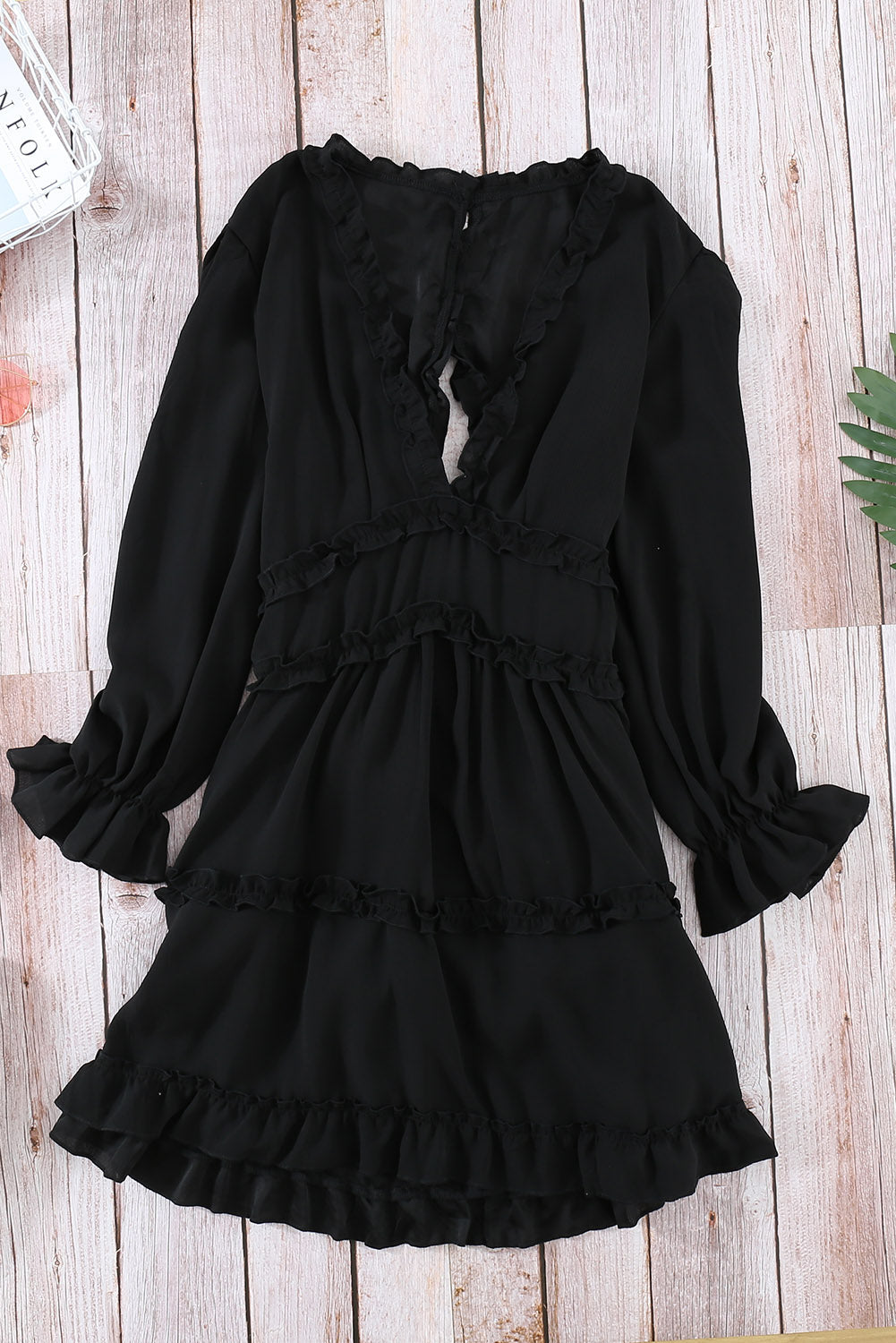 Dress for Women Ruffle-Trimmed Detailing Long-Sleeve Open-Back Black V Neck