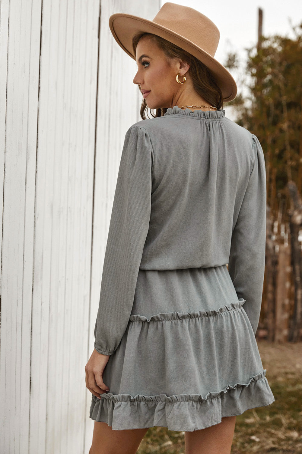 Women's Everyday Gray V Neck Long-Sleeve Ruffle-Trimmed Layered Mini Dress