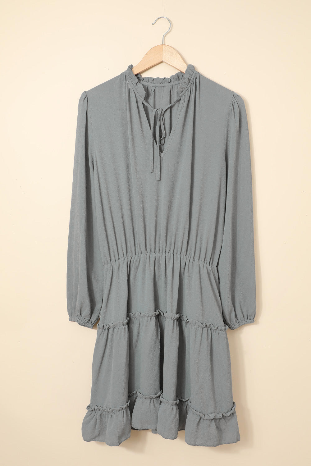 Women's Everyday Gray V Neck Long-Sleeve Ruffle-Trimmed Layered Mini Dress