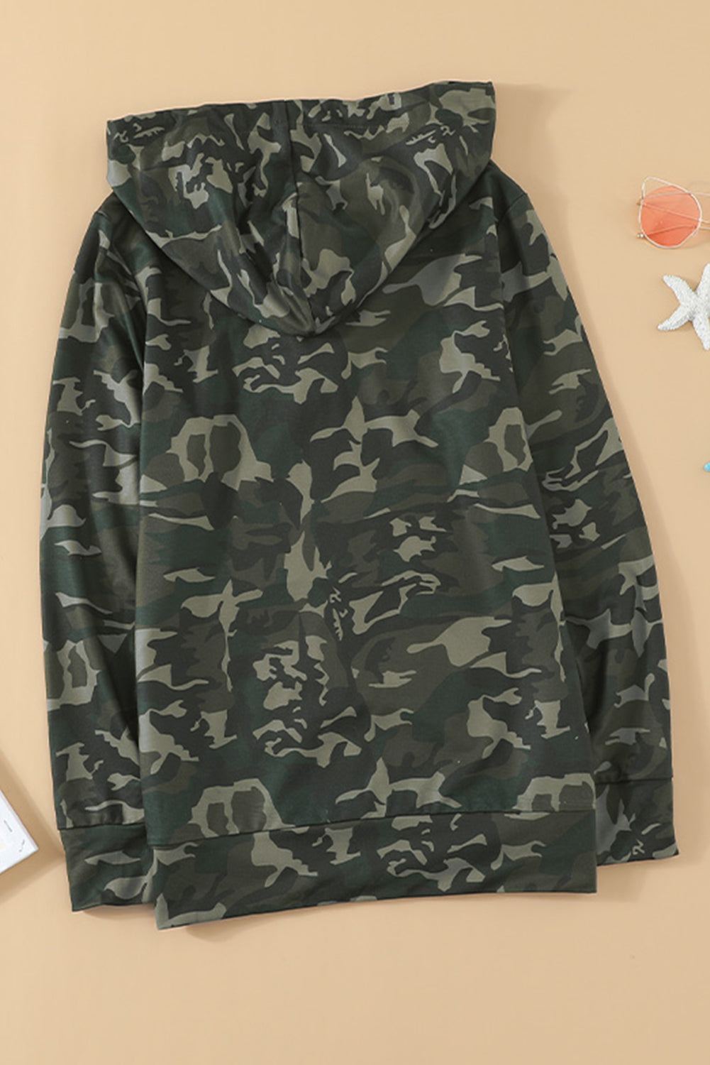 Women's Hoodie Featuring Kangaroo Pocket Green Camouflage-Print
