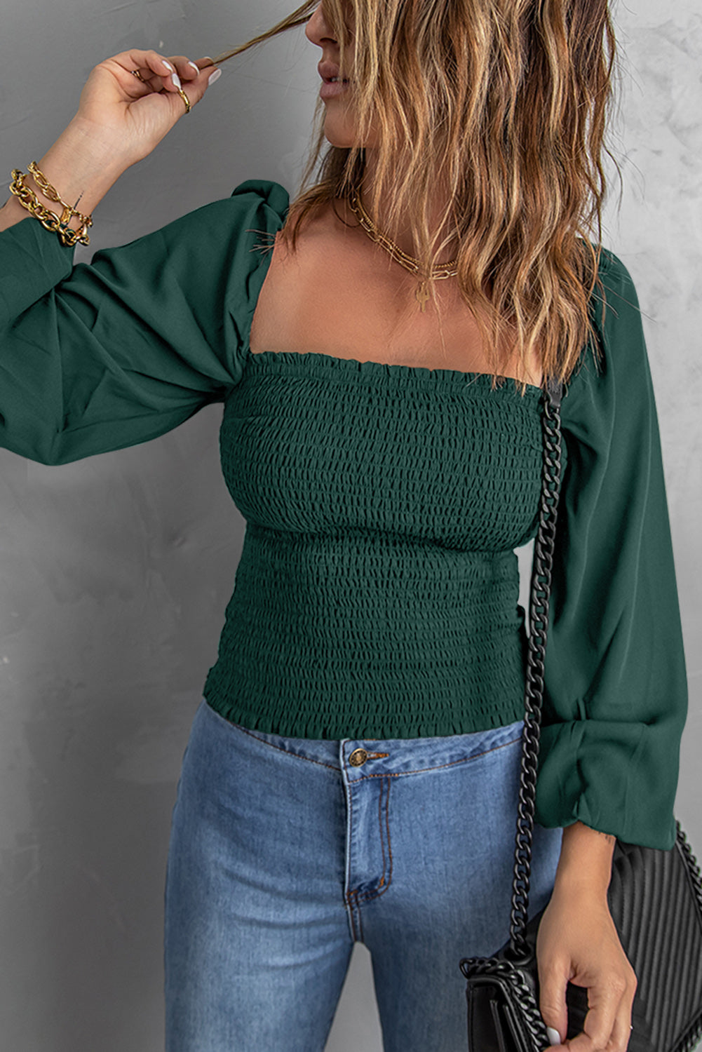 Women's Top Featuring Green Square Neck Shirred