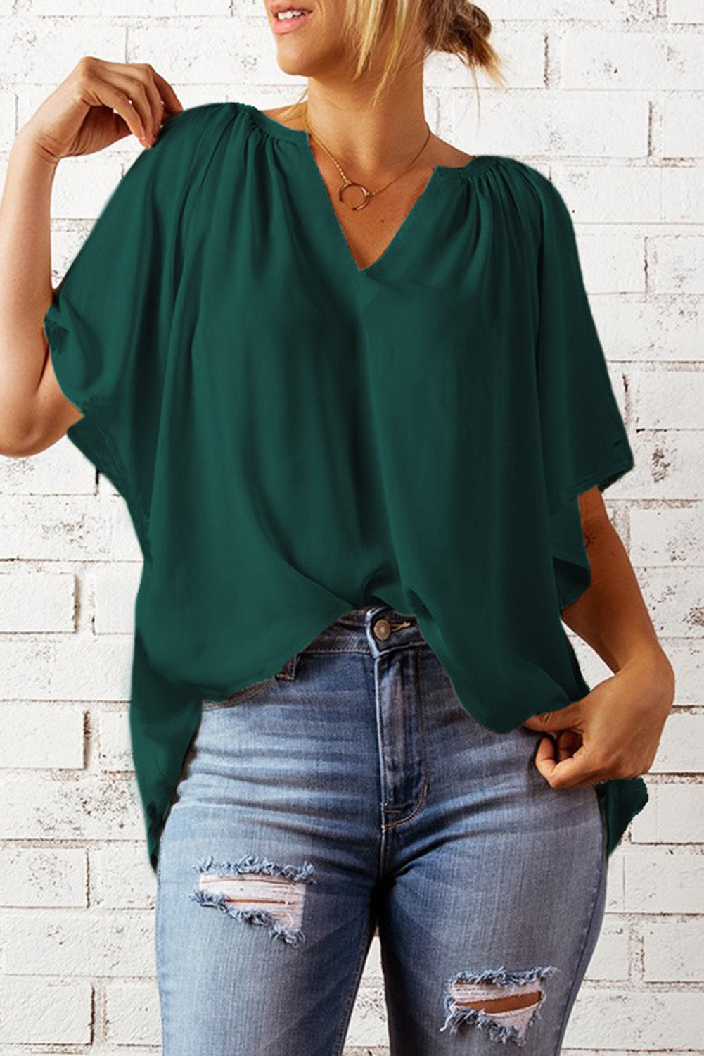 Women's Green Pleat-Detail Loose Top