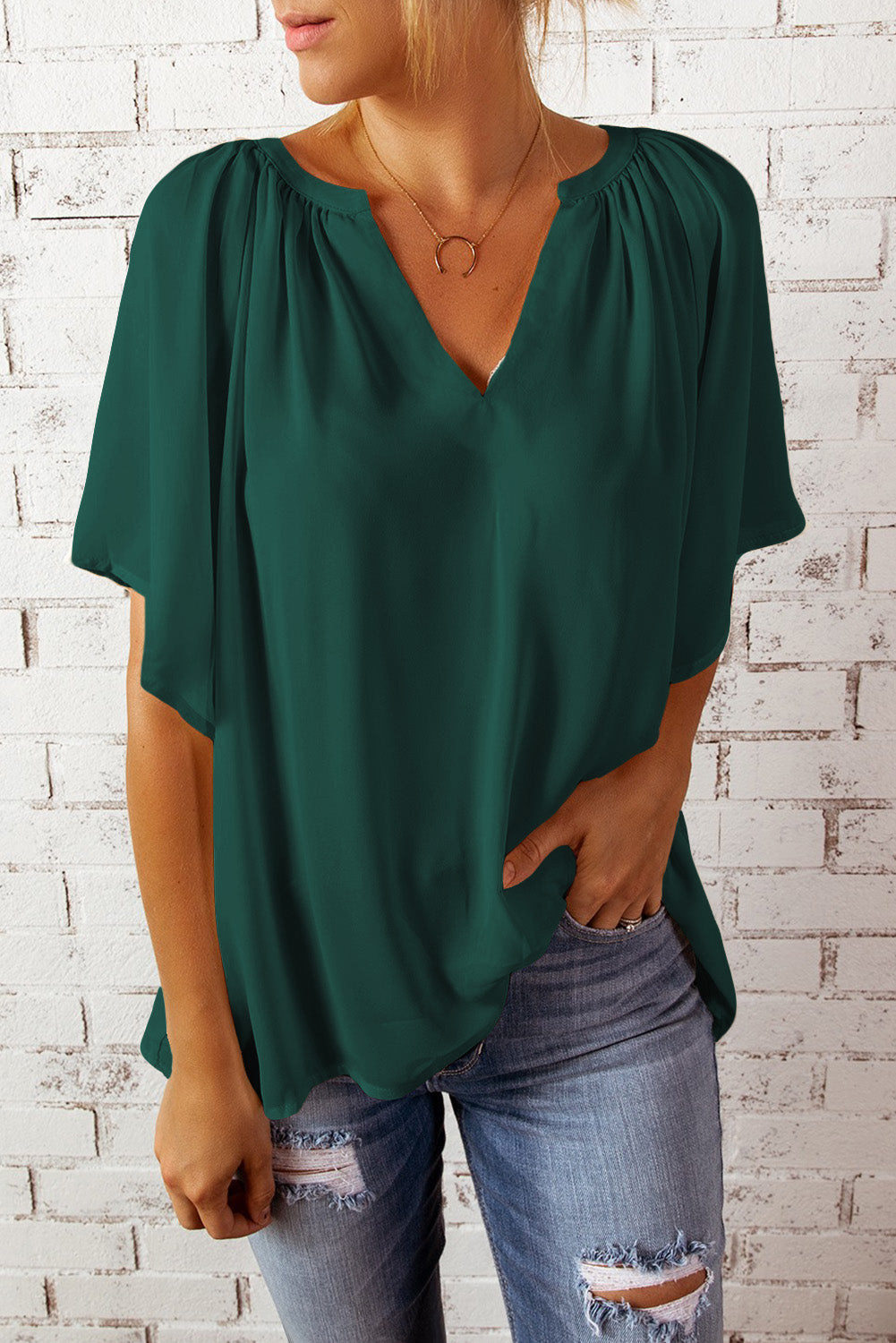 Women's Green Pleat-Detail Loose Top