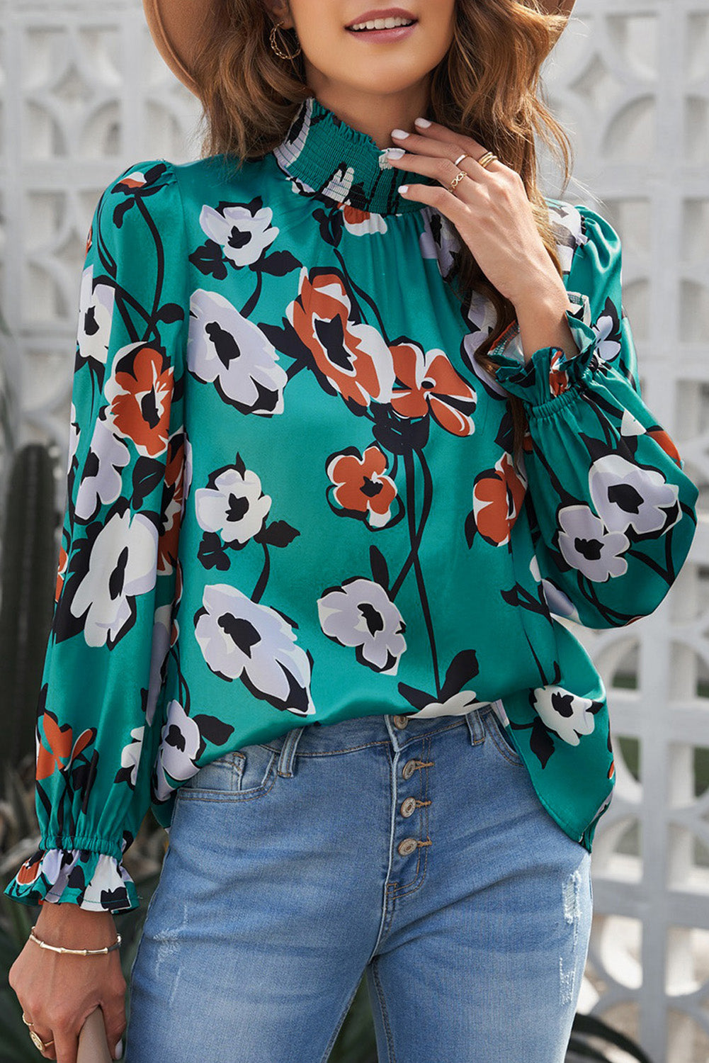 Blouse for Women Floral-Print Print Mock Neck