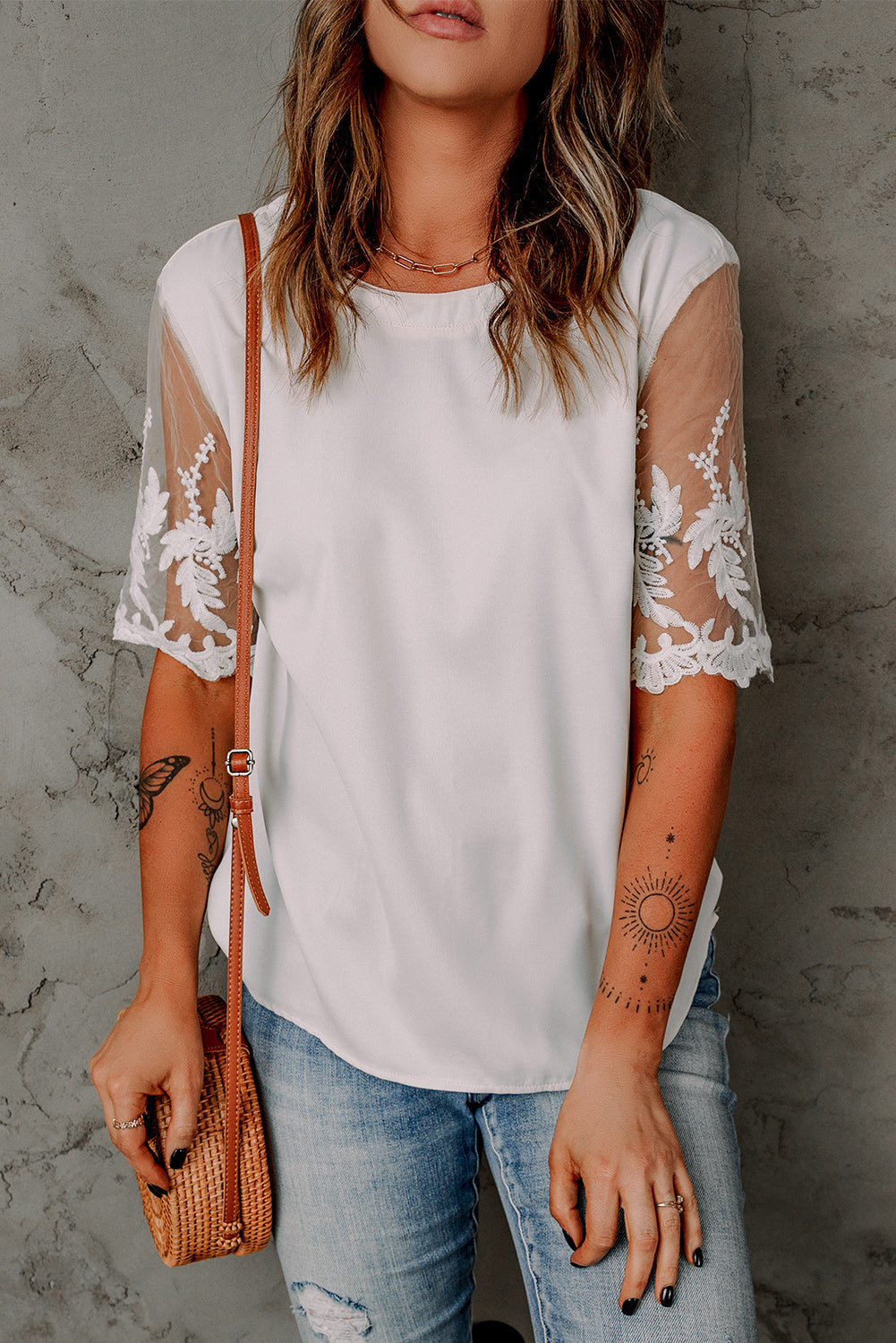 Top for Women Short-Sleeve White Lace-Trimmed