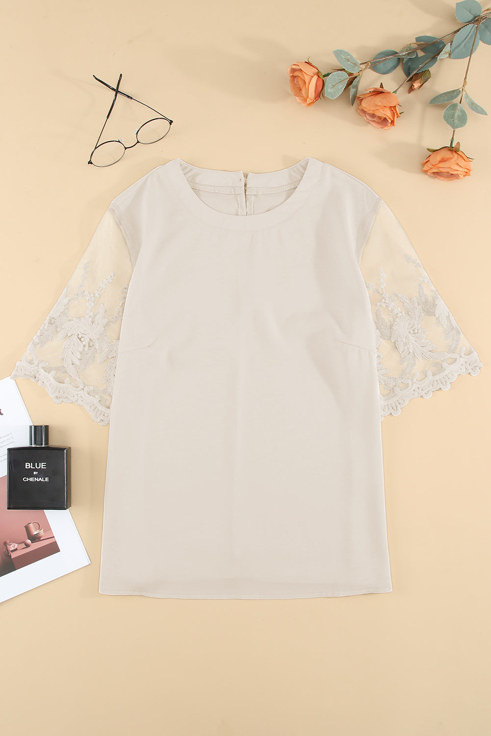Top for Women Short-Sleeve White Lace-Trimmed