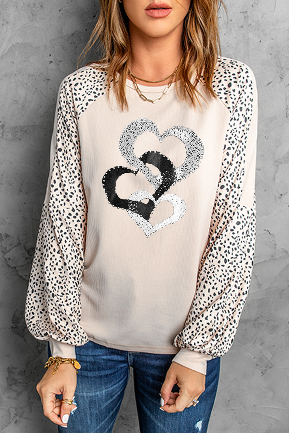 Women's Pullover with Heart Long-Sleeve Leopard-Print