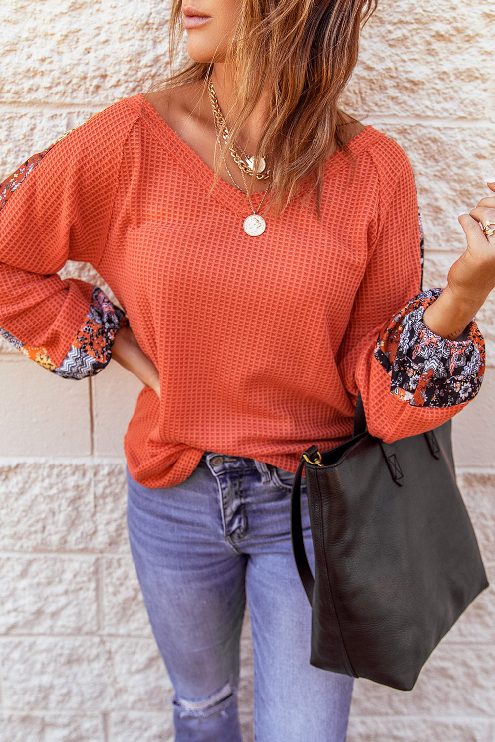 Knit Top for Women Orange Long-Sleeve Contrast Eyelet Thermal