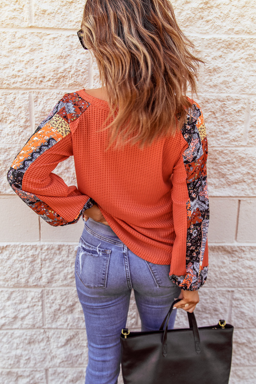 Knit Top for Women Orange Long-Sleeve Contrast Eyelet Thermal