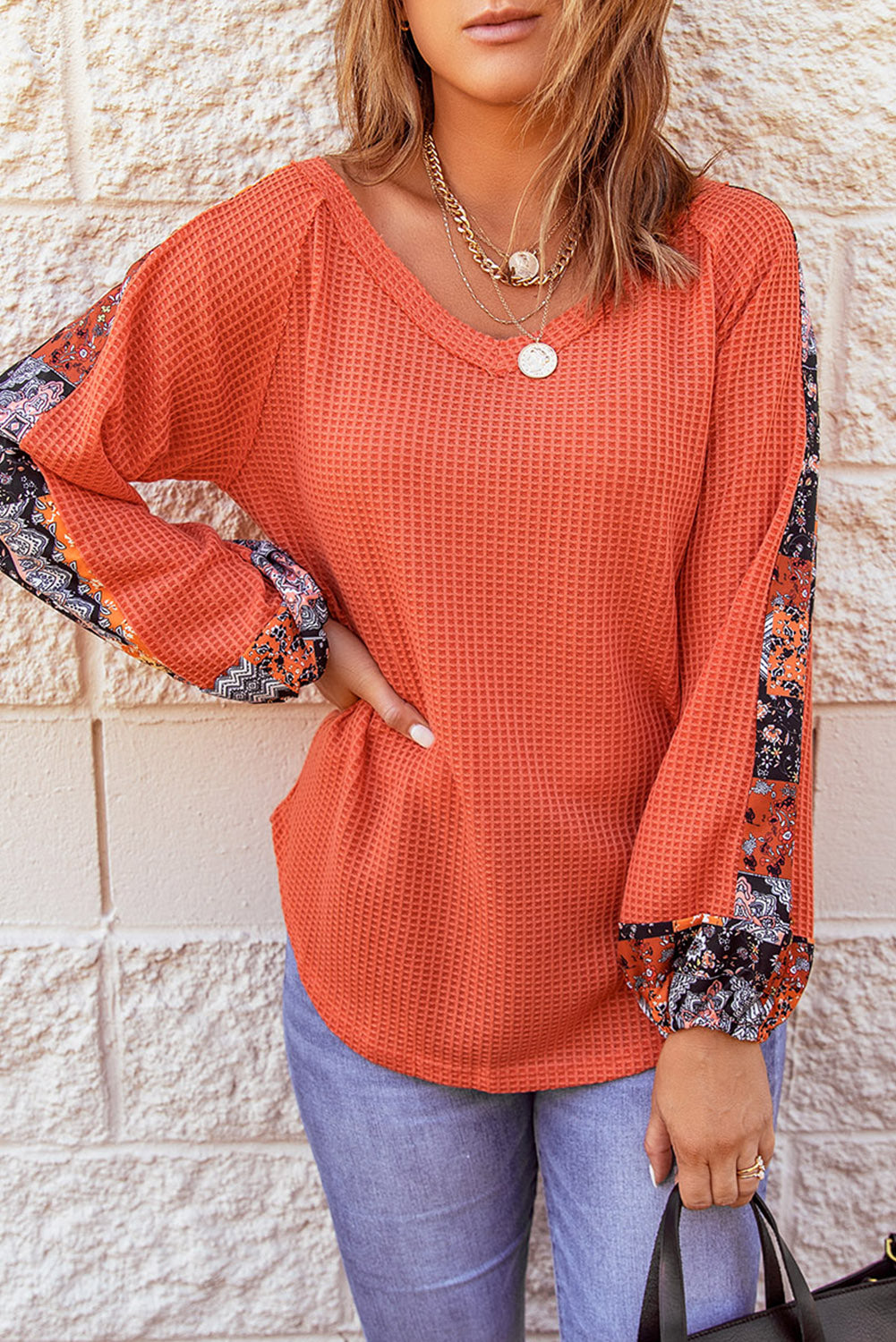 Knit Top for Women Orange Long-Sleeve Contrast Eyelet Thermal