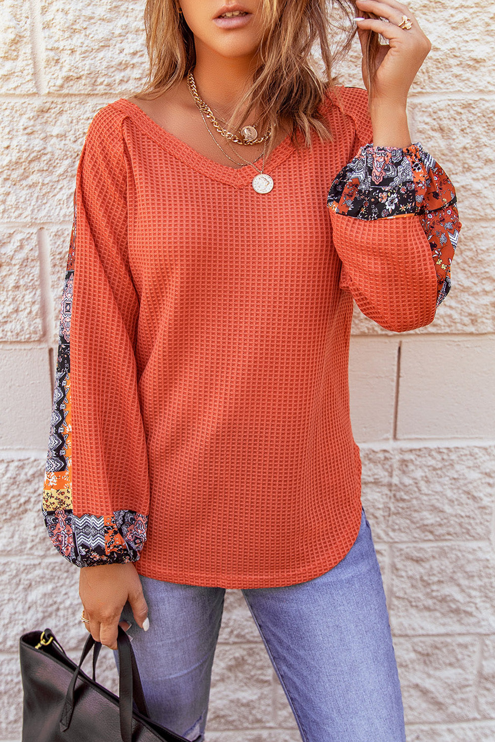 Knit Top for Women Orange Long-Sleeve Contrast Eyelet Thermal