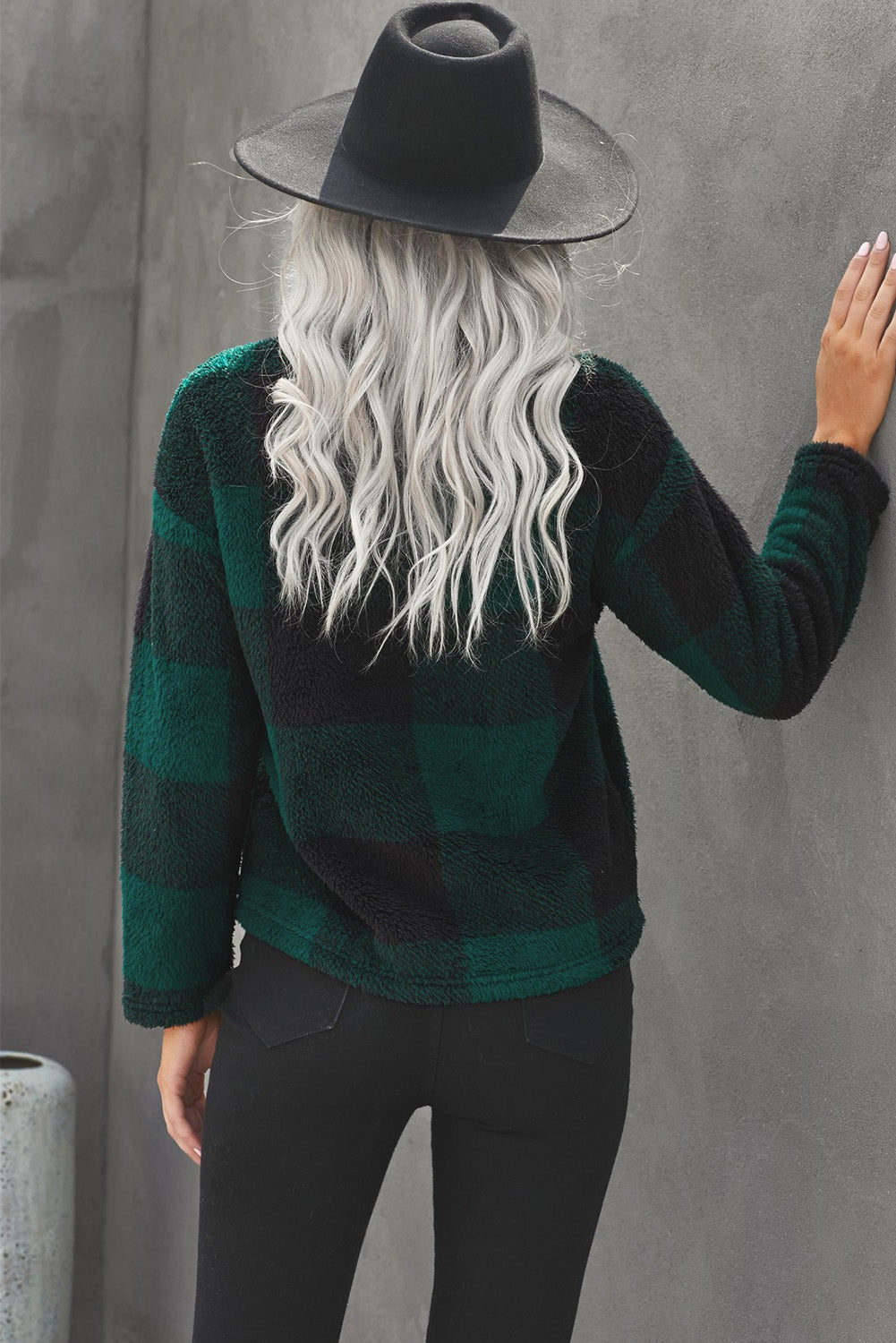 Women's Pullover Sweatshirt with Zip Collar Plush Women's Winter Green Plaid