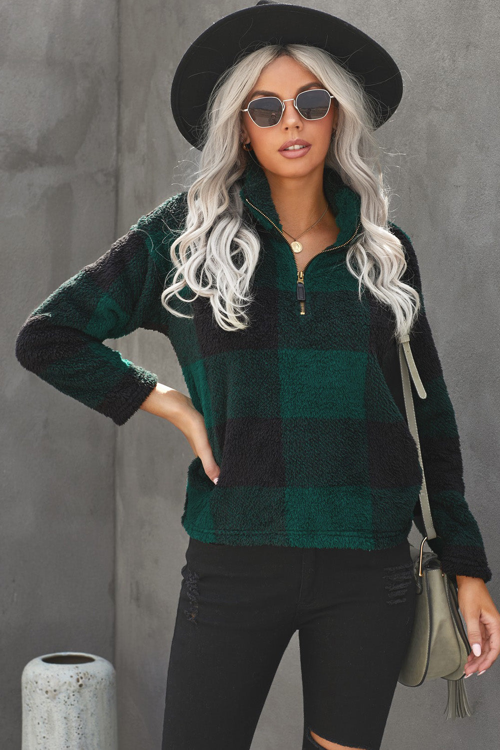 Women's Pullover Sweatshirt with Zip Collar Plush Women's Winter Green Plaid