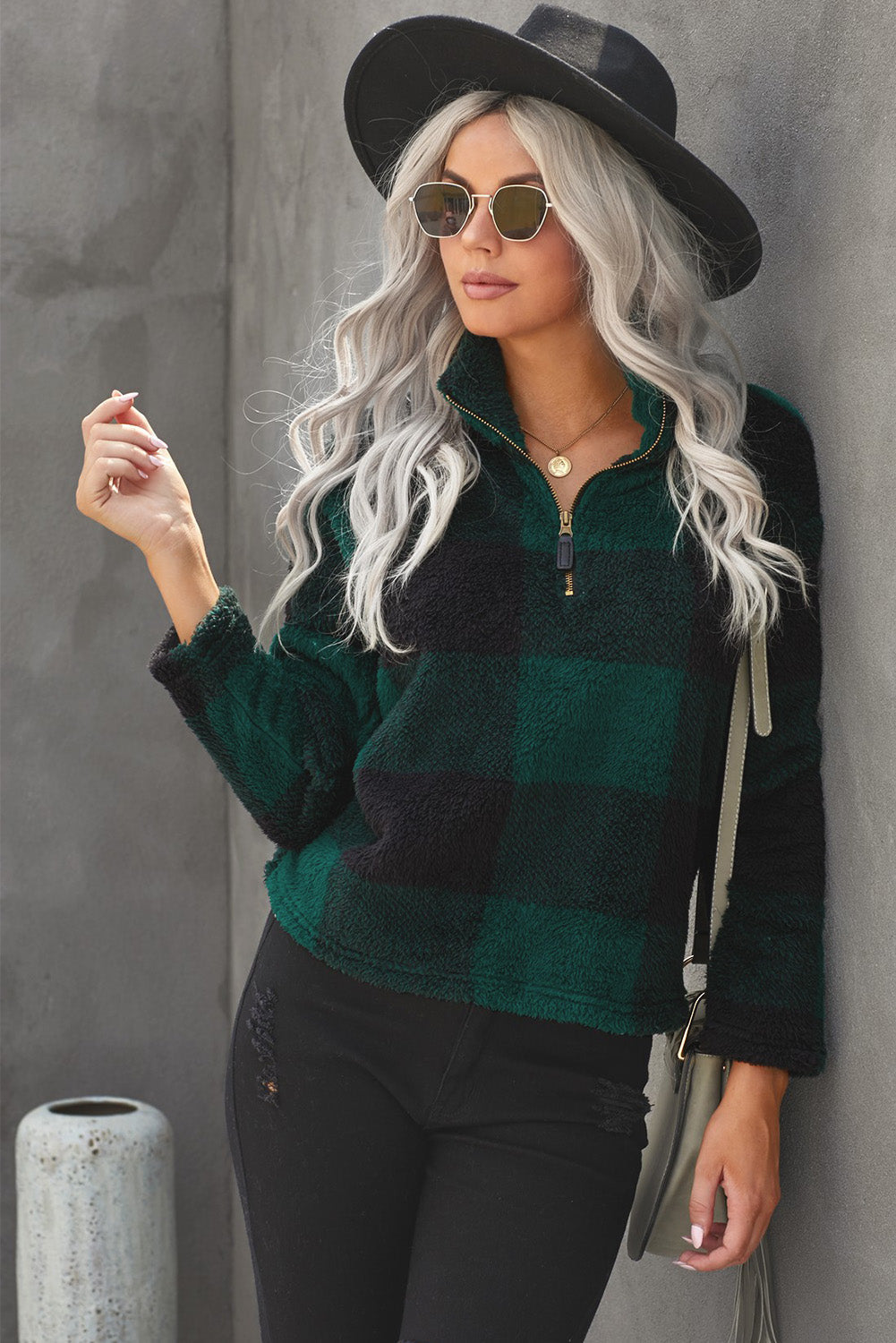 Women's Pullover Sweatshirt with Zip Collar Plush Women's Winter Green Plaid