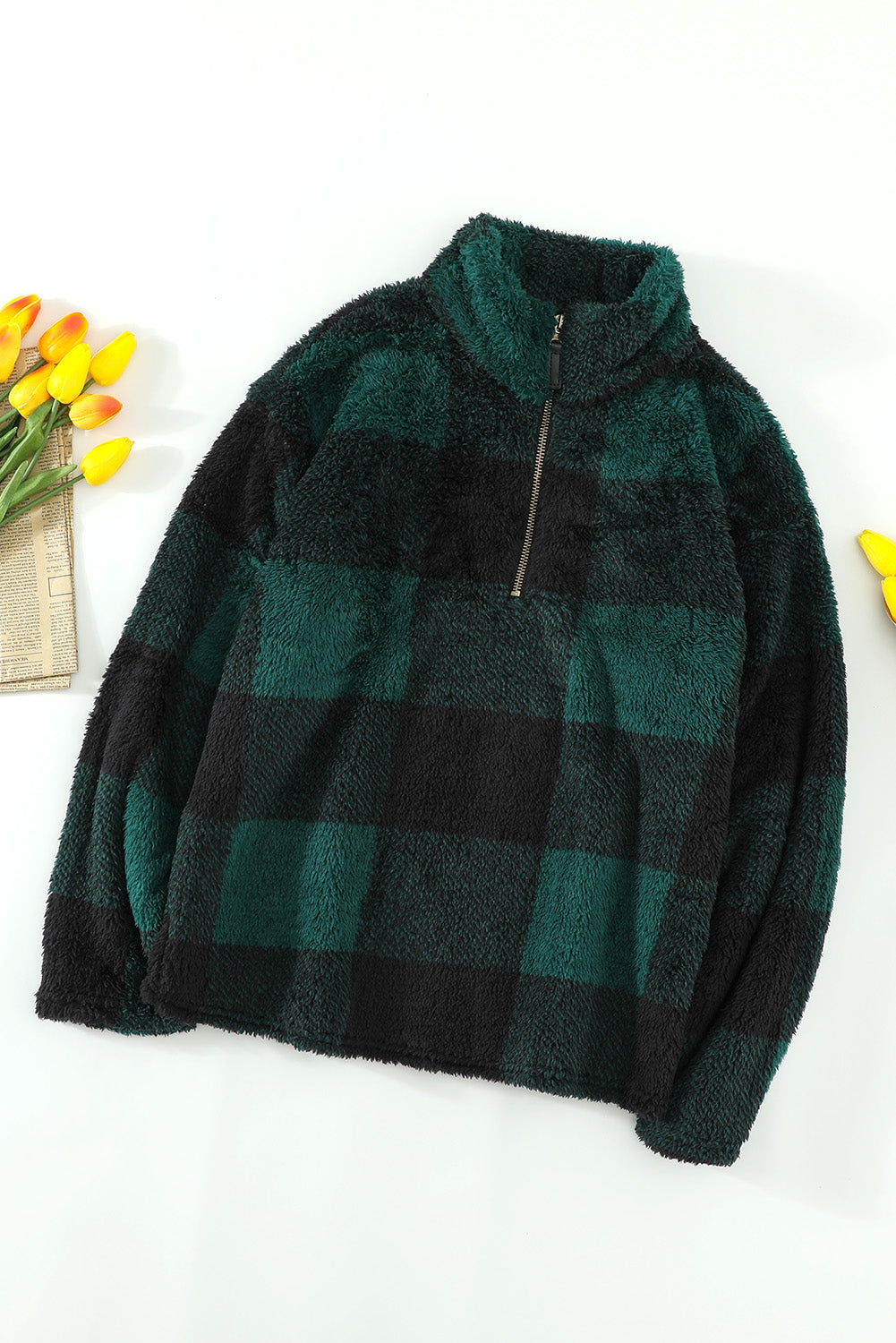 Women's Pullover Sweatshirt with Zip Collar Plush Women's Winter Green Plaid