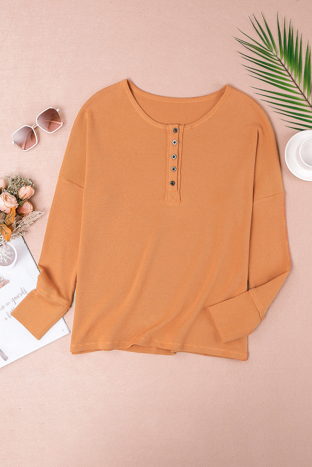 Women's Henley Top with Knitted Orange Waffle