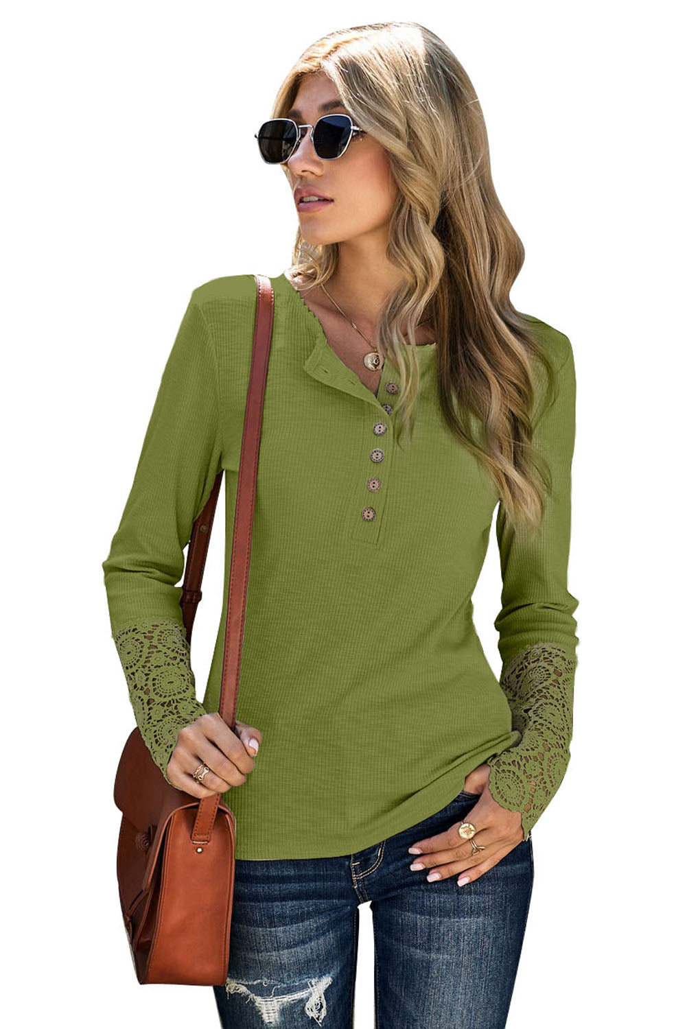 Top for Women Women's Green Crochet Lace-Trimmed Hem Sleeve Button Everyday