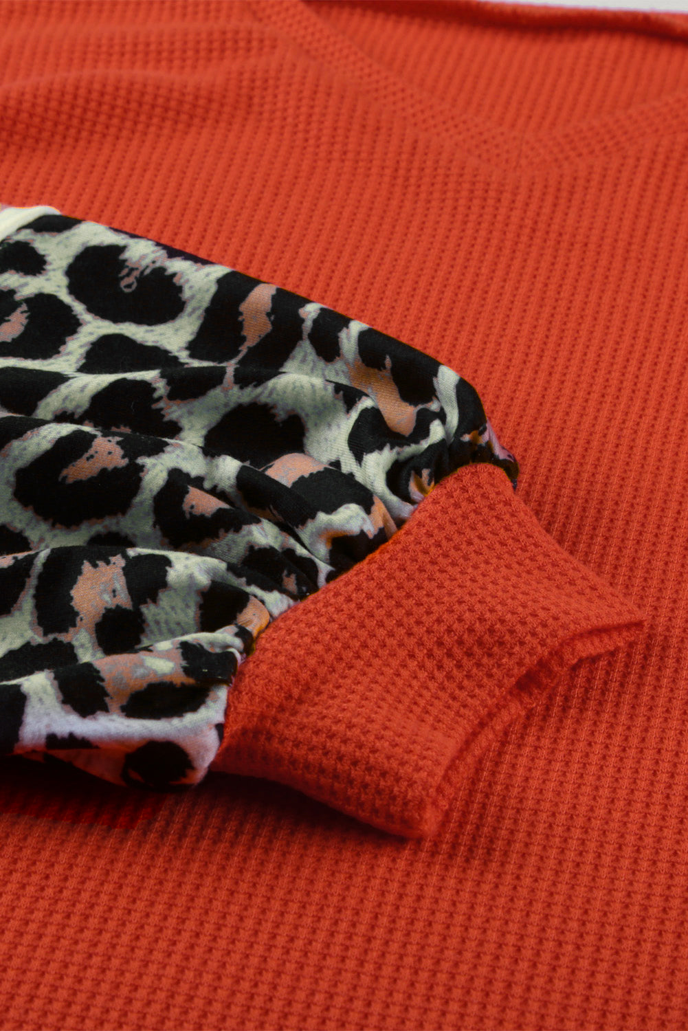 Women's Top with Red V Neck Lantern Sleeve Leopard-Print Stripe Splice Long-Sleeve