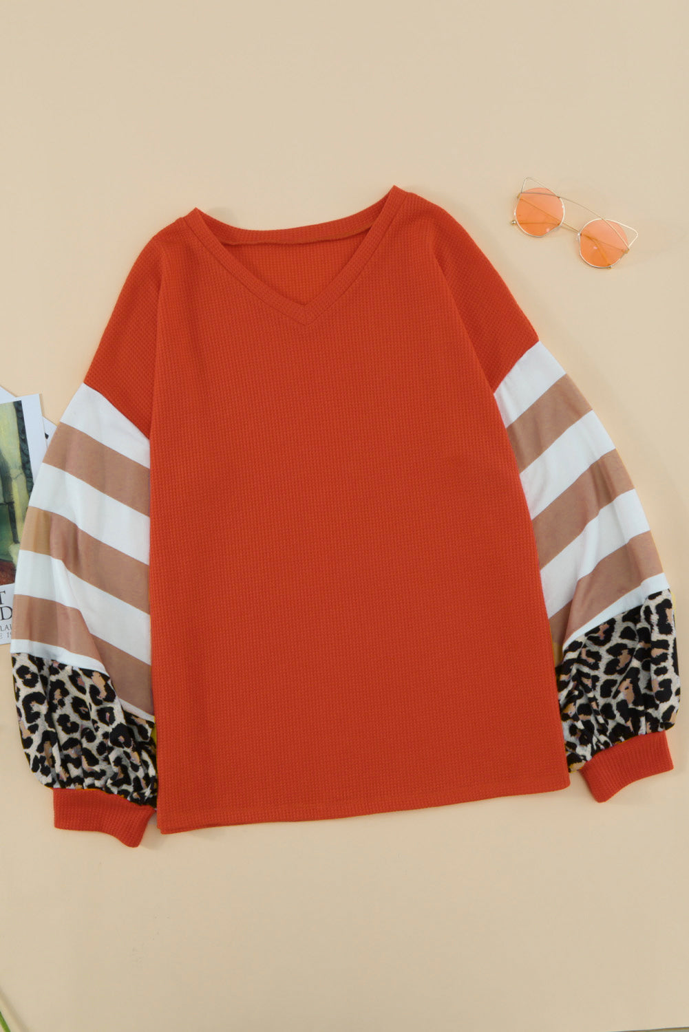 Women's Top with Red V Neck Lantern Sleeve Leopard-Print Stripe Splice Long-Sleeve