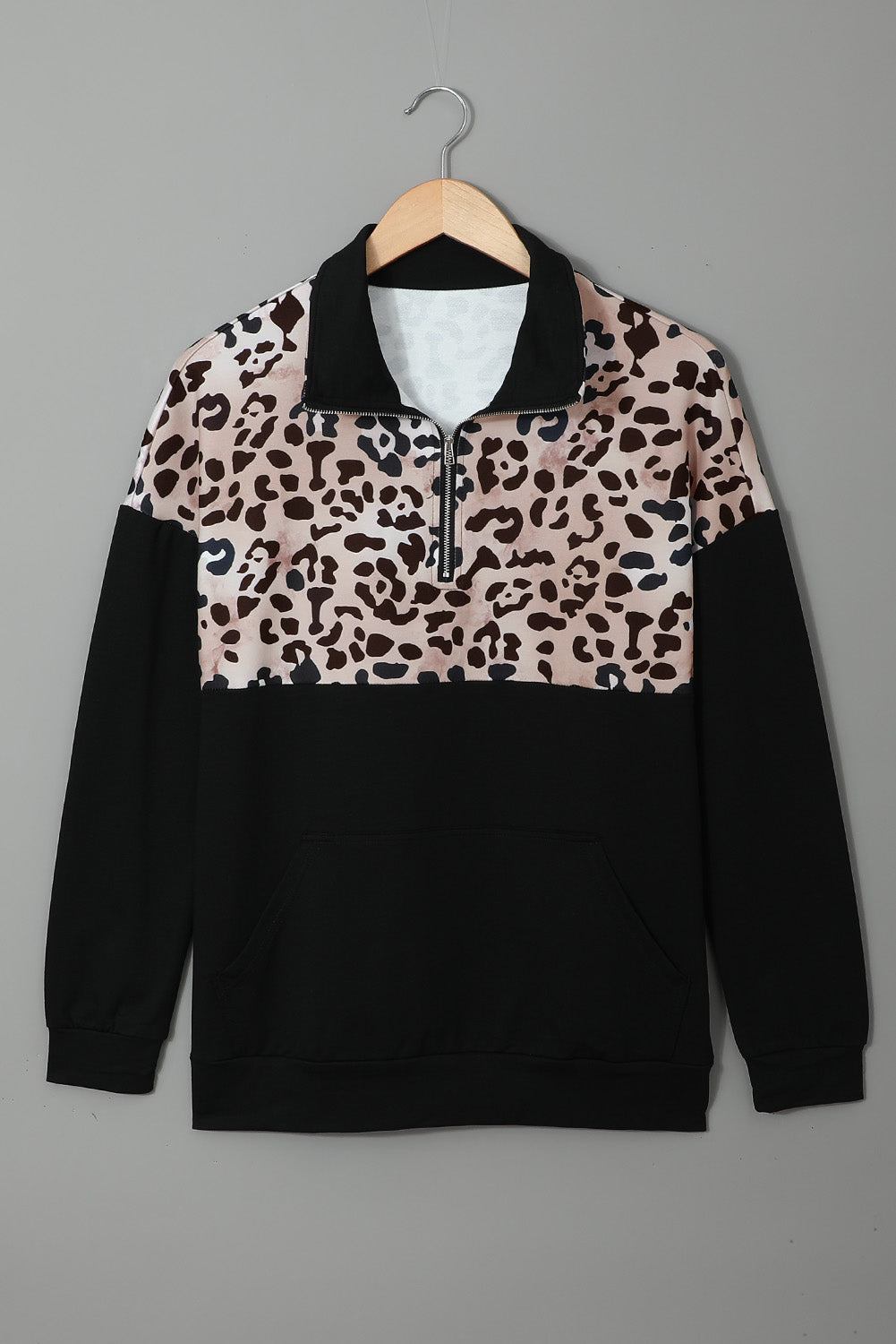 Sweatshirt for Women Everyday Leopard-Print Black Zip Stand Collar Dropped Sleeve