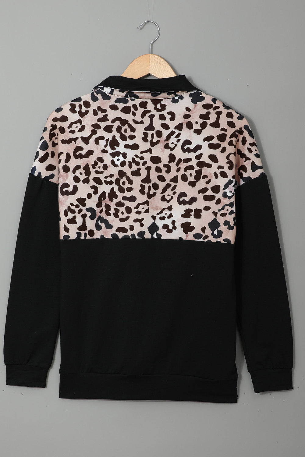 Sweatshirt for Women Everyday Leopard-Print Black Zip Stand Collar Dropped Sleeve