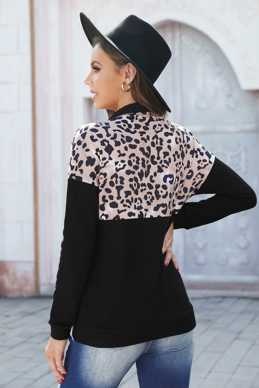 Sweatshirt for Women Everyday Leopard-Print Black Zip Stand Collar Dropped Sleeve