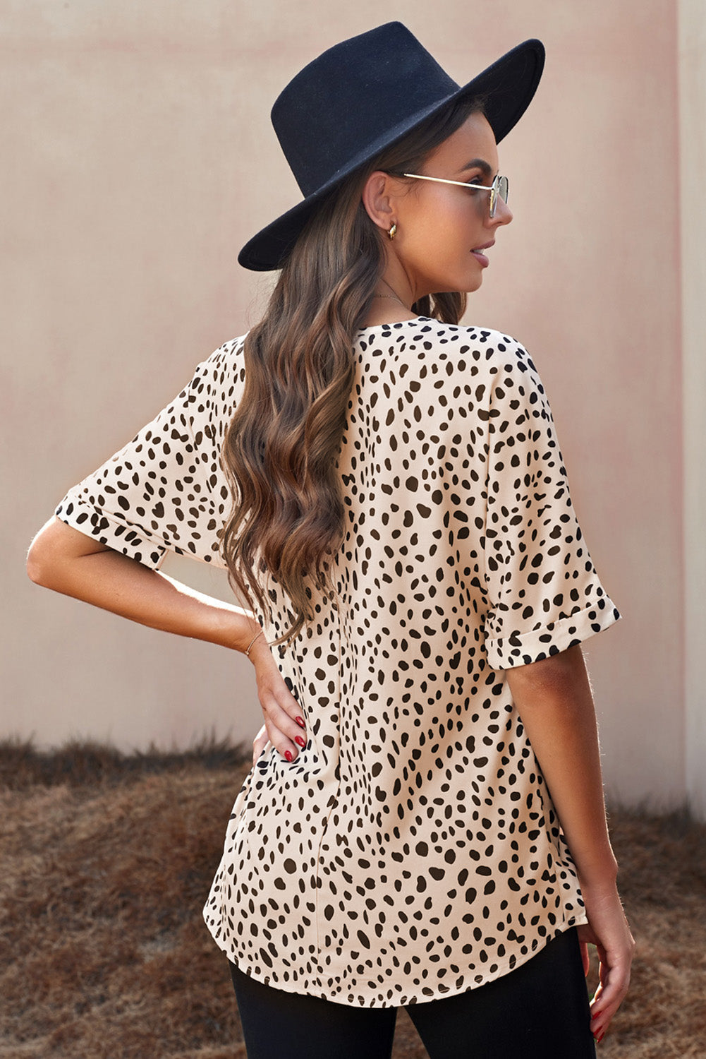 Women's Top with V-neck Rolled Sleeve Tunic Women's Brown Chloe Animal Print