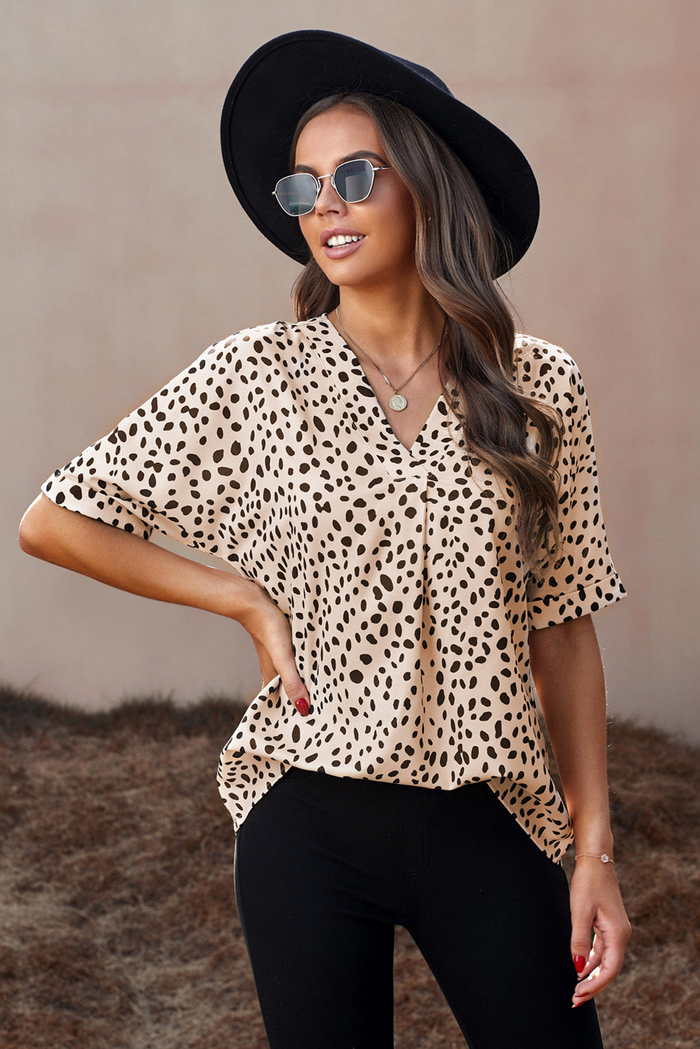Women's Top with V-neck Rolled Sleeve Tunic Women's Brown Chloe Animal Print