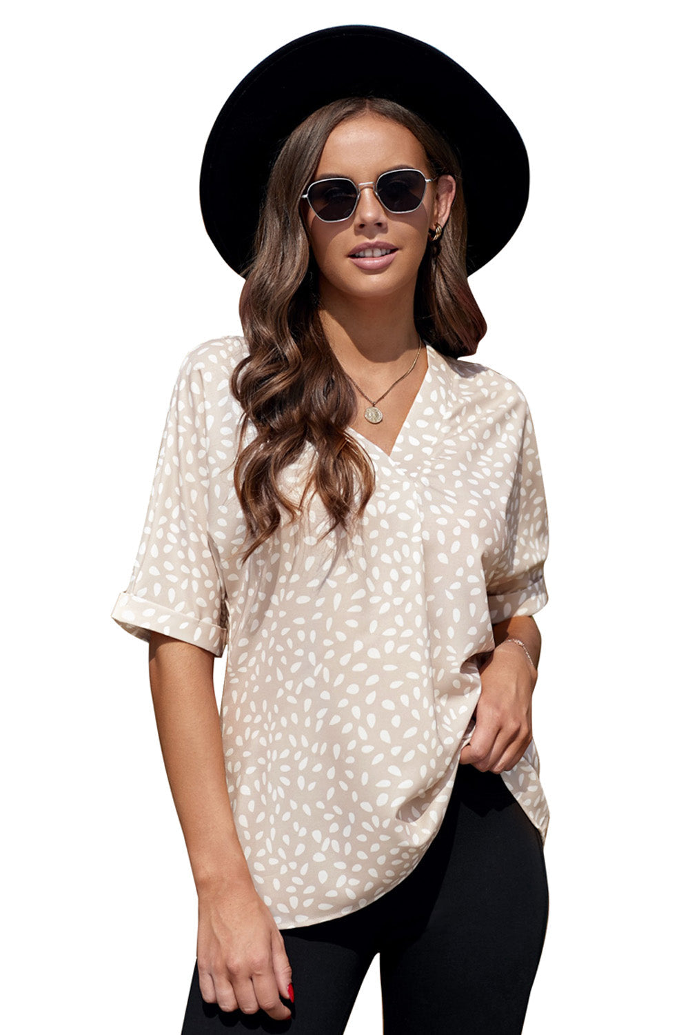 Top for Women Tunic Chic Apricot Chloe Animal Print V-neck Rolled Sleeve