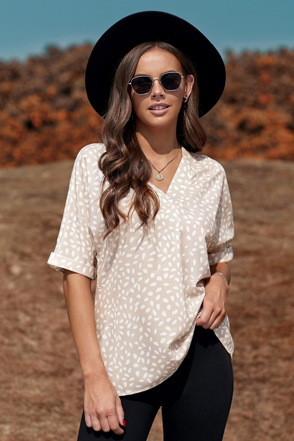 Top for Women Tunic Chic Apricot Chloe Animal Print V-neck Rolled Sleeve