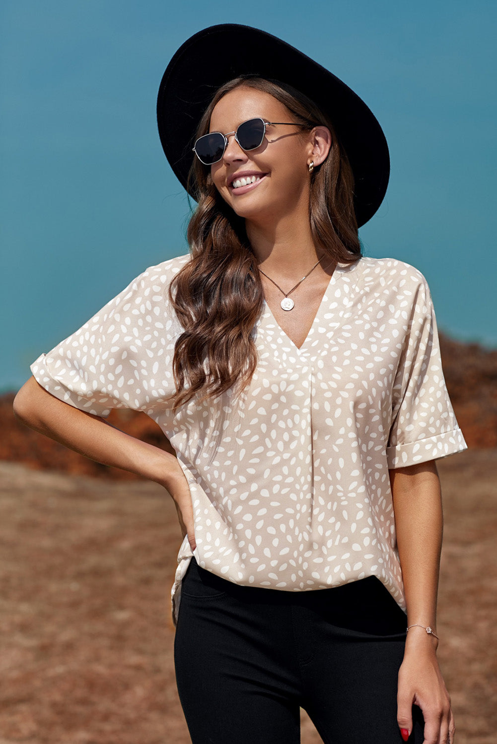 Top for Women Tunic Chic Apricot Chloe Animal Print V-neck Rolled Sleeve