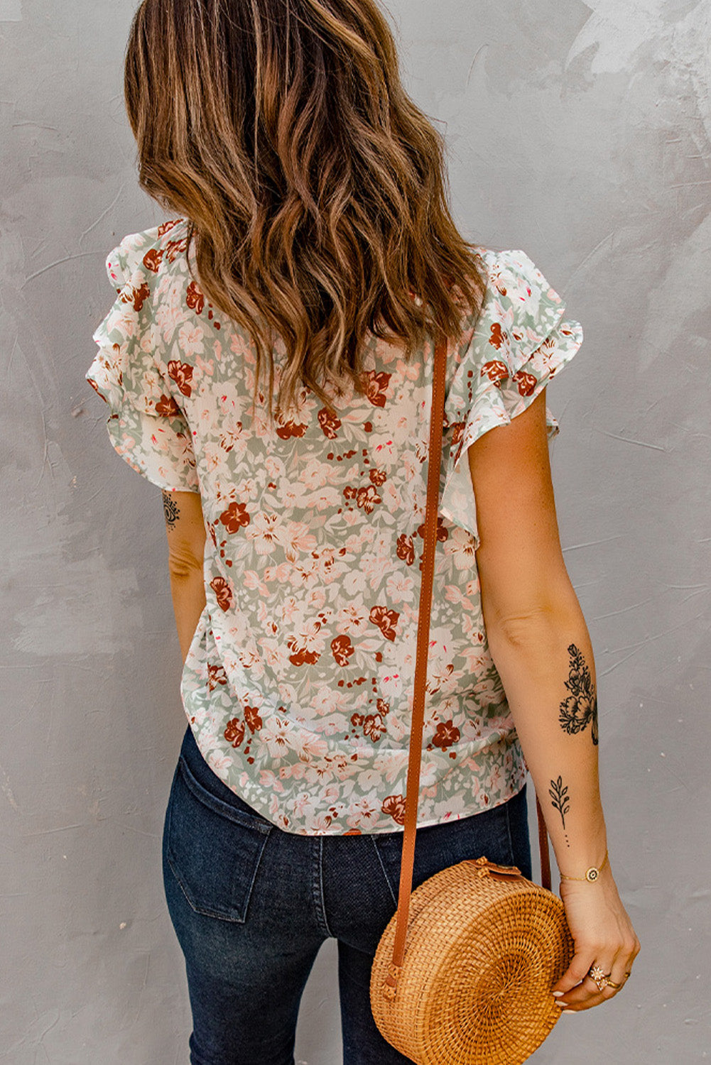 Women's Ruffle-Trimmed Short-Sleeve Green Floral-Print Blouse