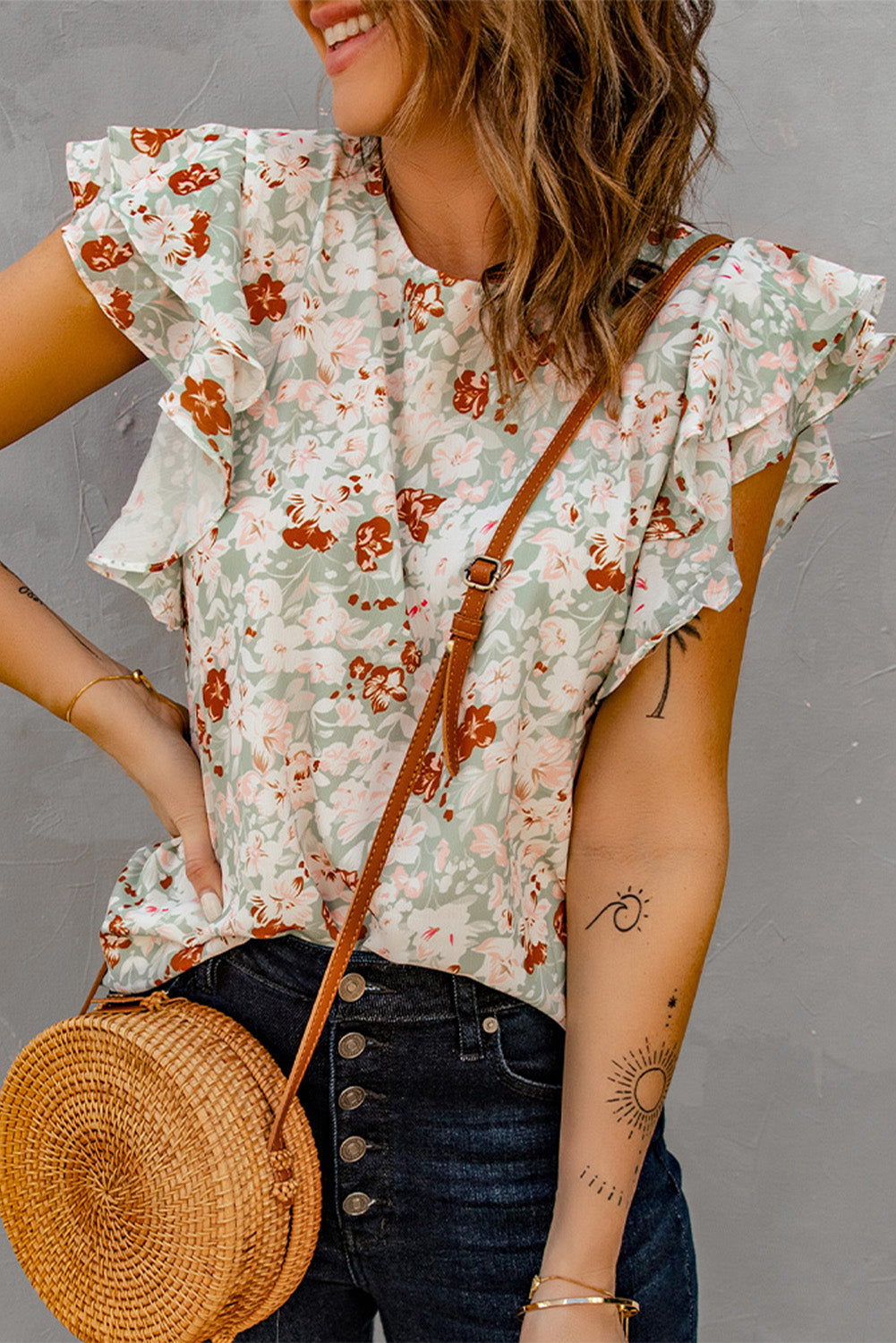 Women's Ruffle-Trimmed Short-Sleeve Green Floral-Print Blouse