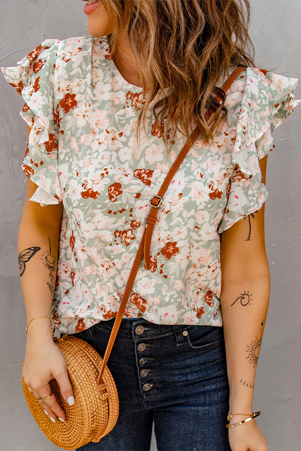 Women's Ruffle-Trimmed Short-Sleeve Green Floral-Print Blouse