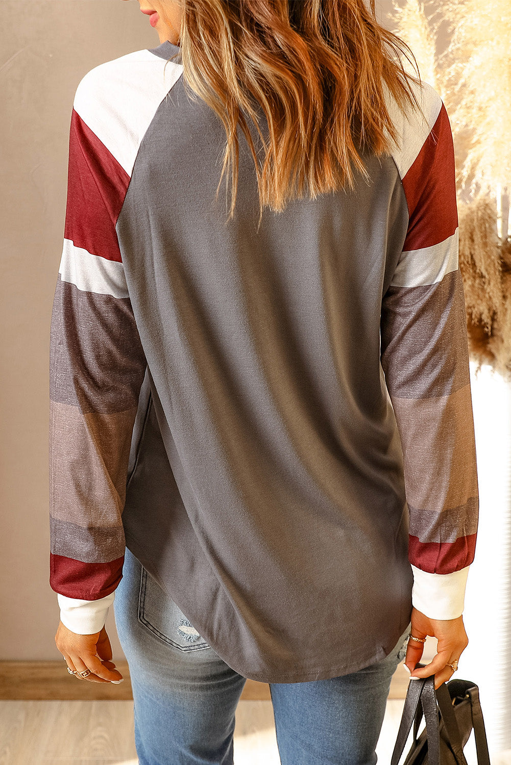 Women's Top with Womens Color-Block Long Sleeves Gray Pullover