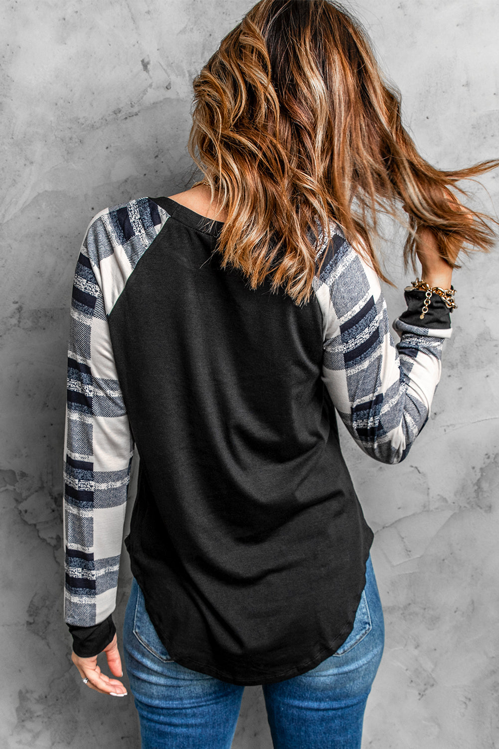 Women's Top Featuring Monochrome Plaid Long Sleeves Black Pullover
