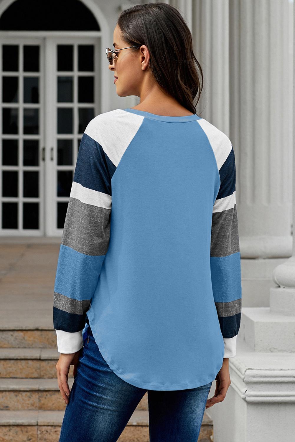 Women's Top Featuring Blue Pullover Womens Color-Block Long Sleeves