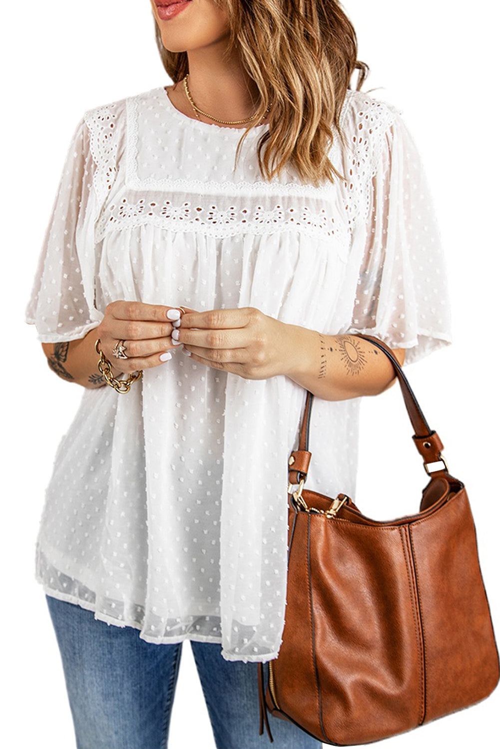 Women's Babydoll Top with Chic White Flutter Sleeves Semi-Sheer Textured