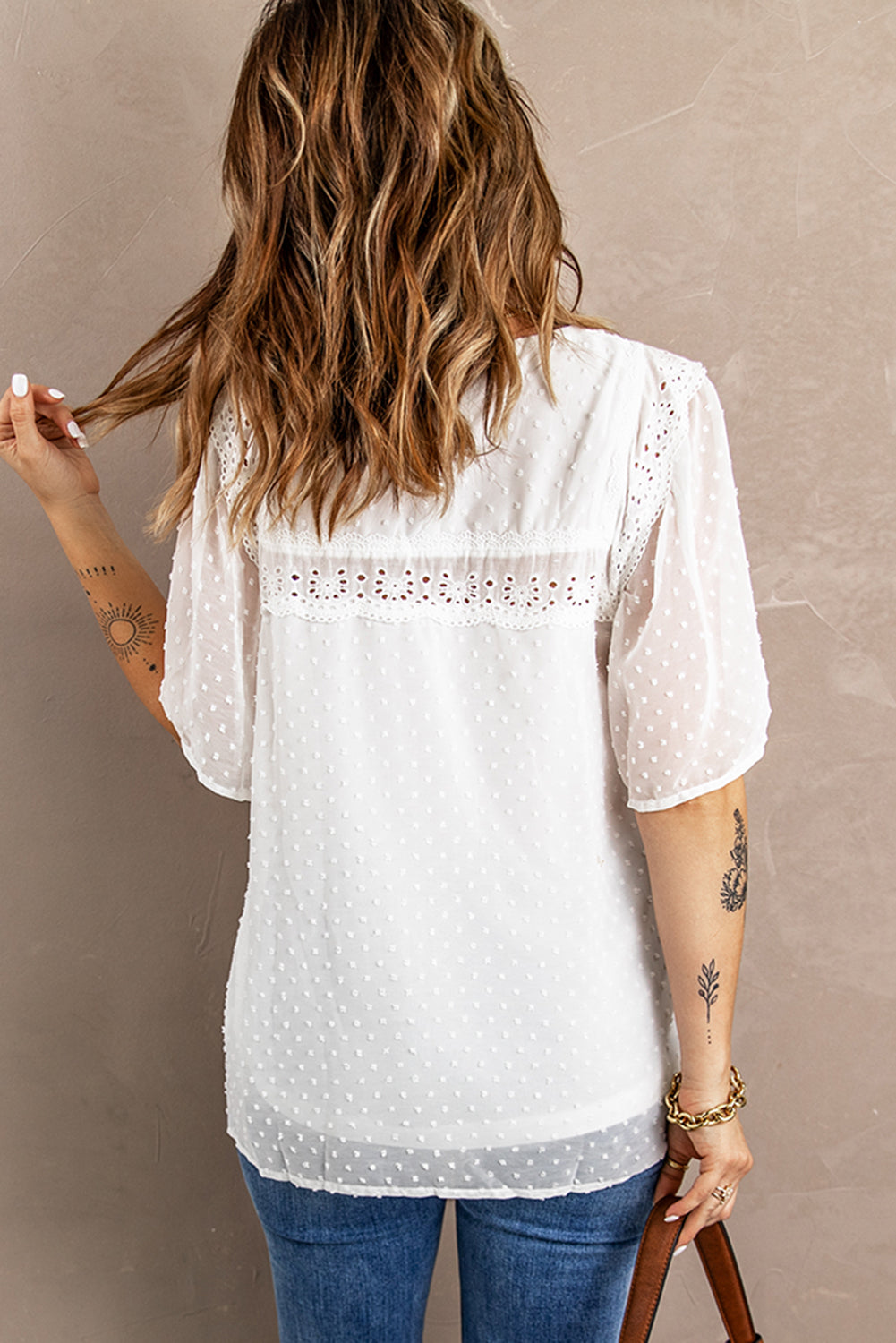 Women's Babydoll Top with Chic White Flutter Sleeves Semi-Sheer Textured