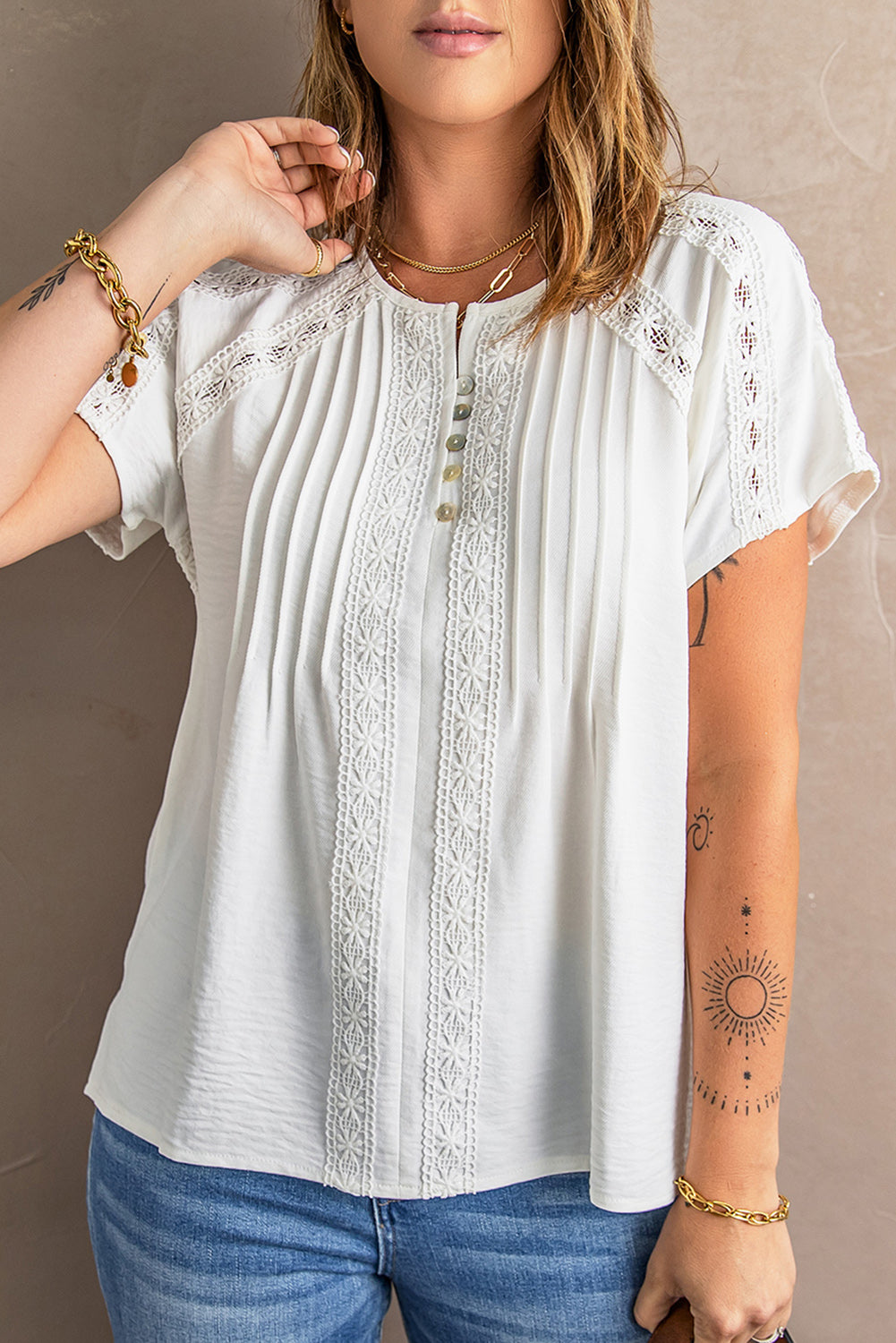Women's Chic White Crochet Eyelet Short Sleeves Blouse Top