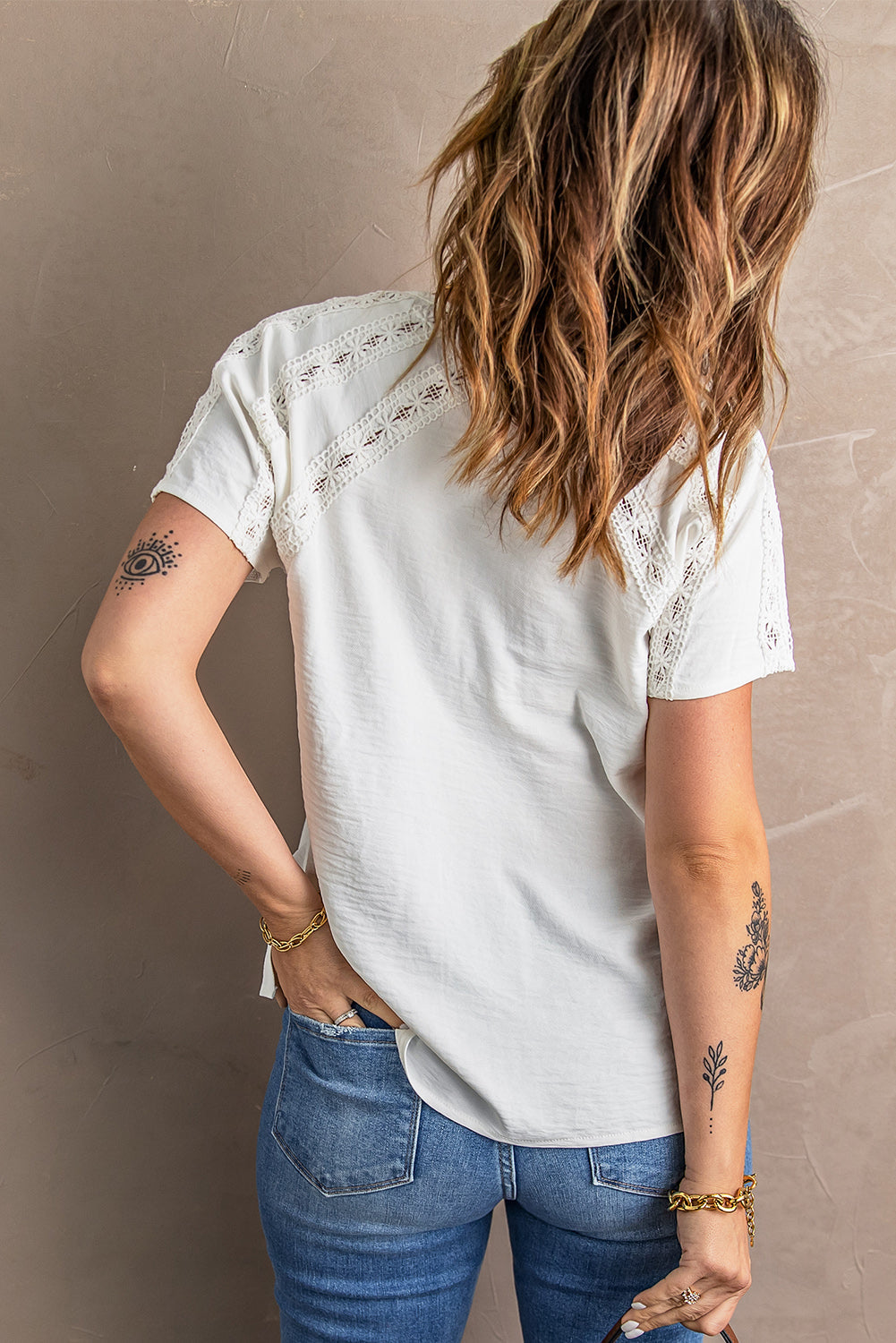 Women's Chic White Crochet Eyelet Short Sleeves Blouse Top