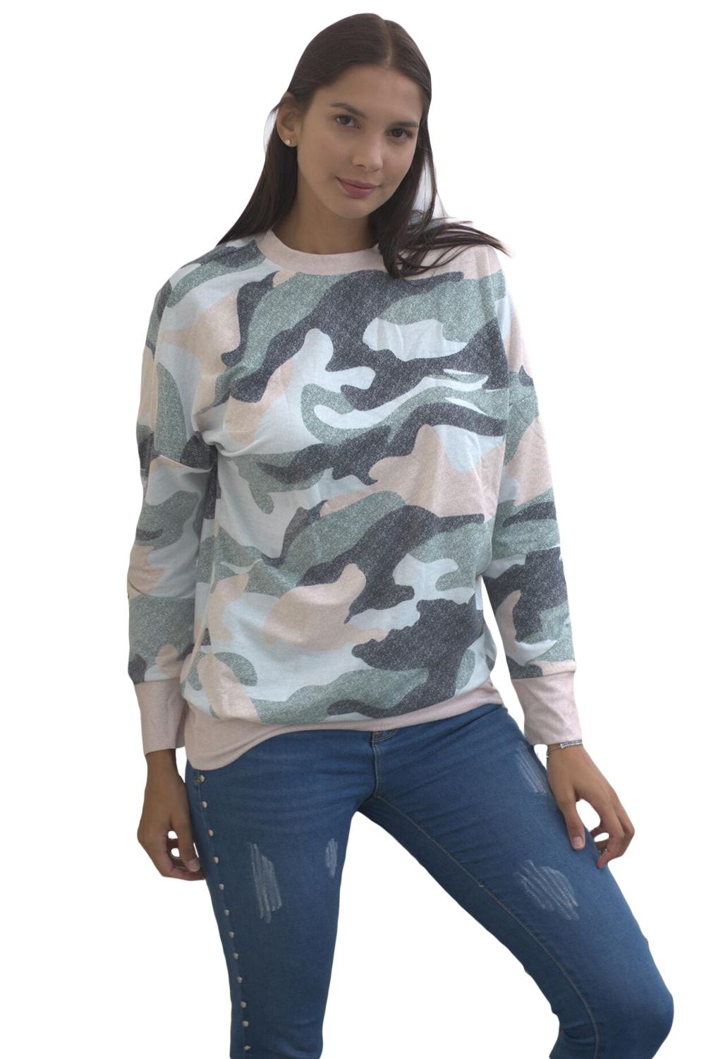 Women's Fashion Khaki Green Digital Camouflage-Print Sweatshirt