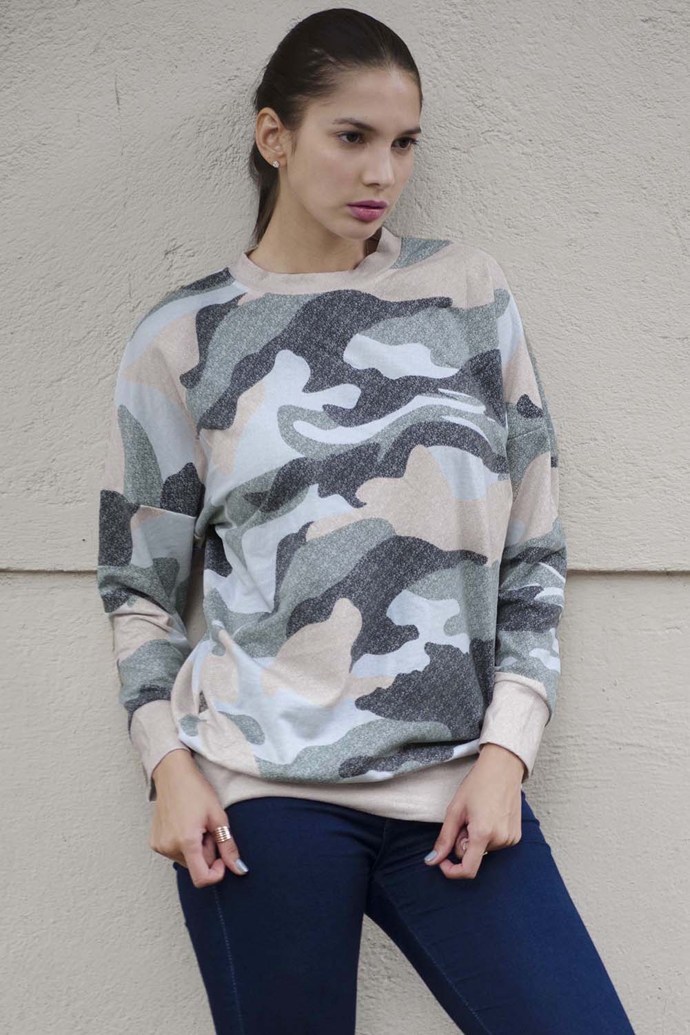 Women's Fashion Khaki Green Digital Camouflage-Print Sweatshirt
