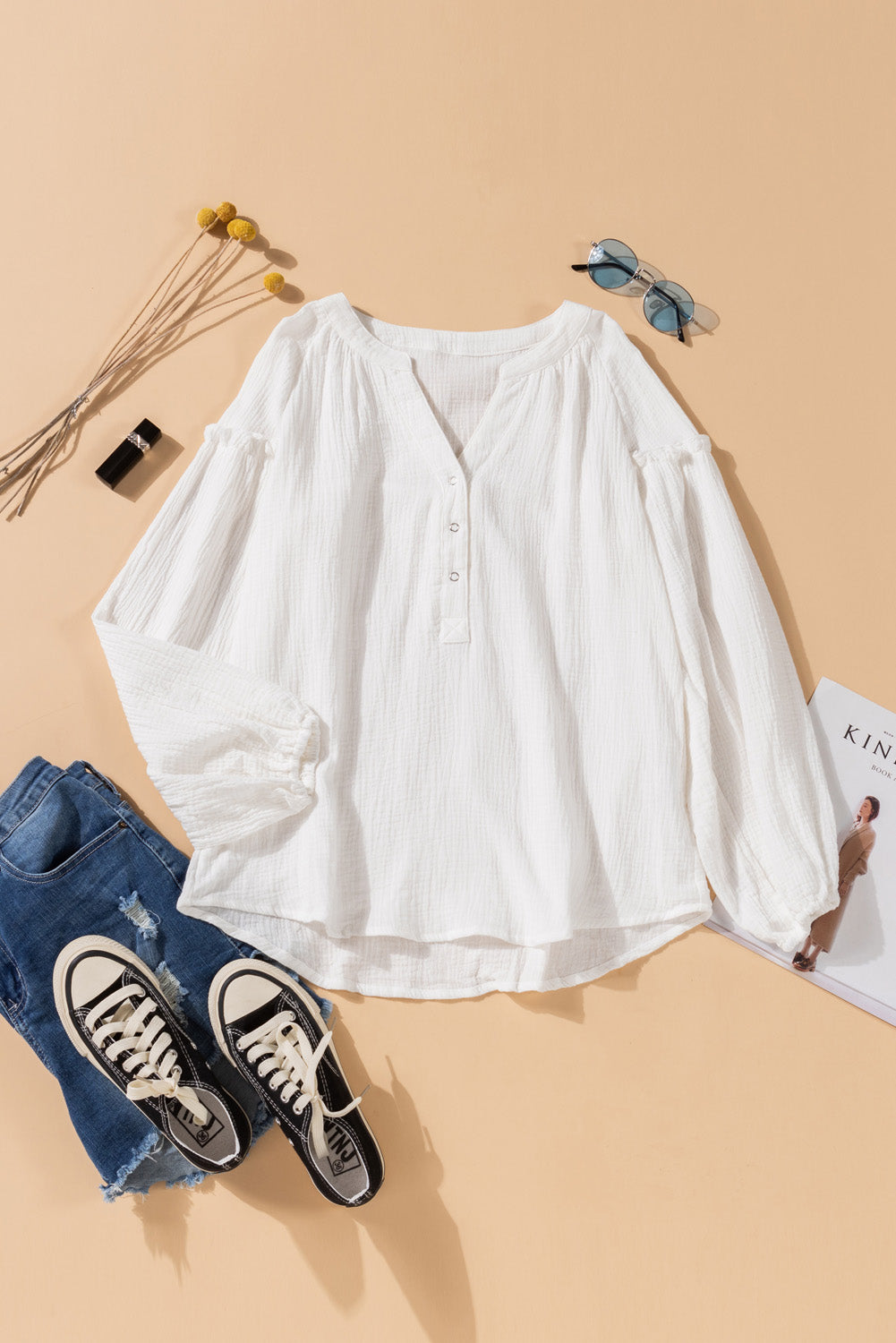 Top for Women Crinkled Comfy White