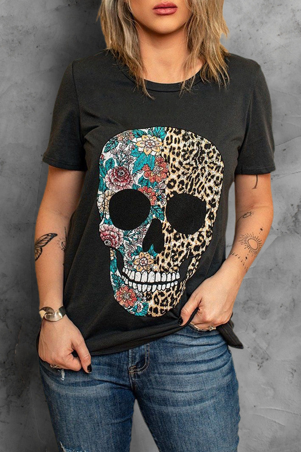 Women's Tee with Leopard-Print & Floral-Print Skull